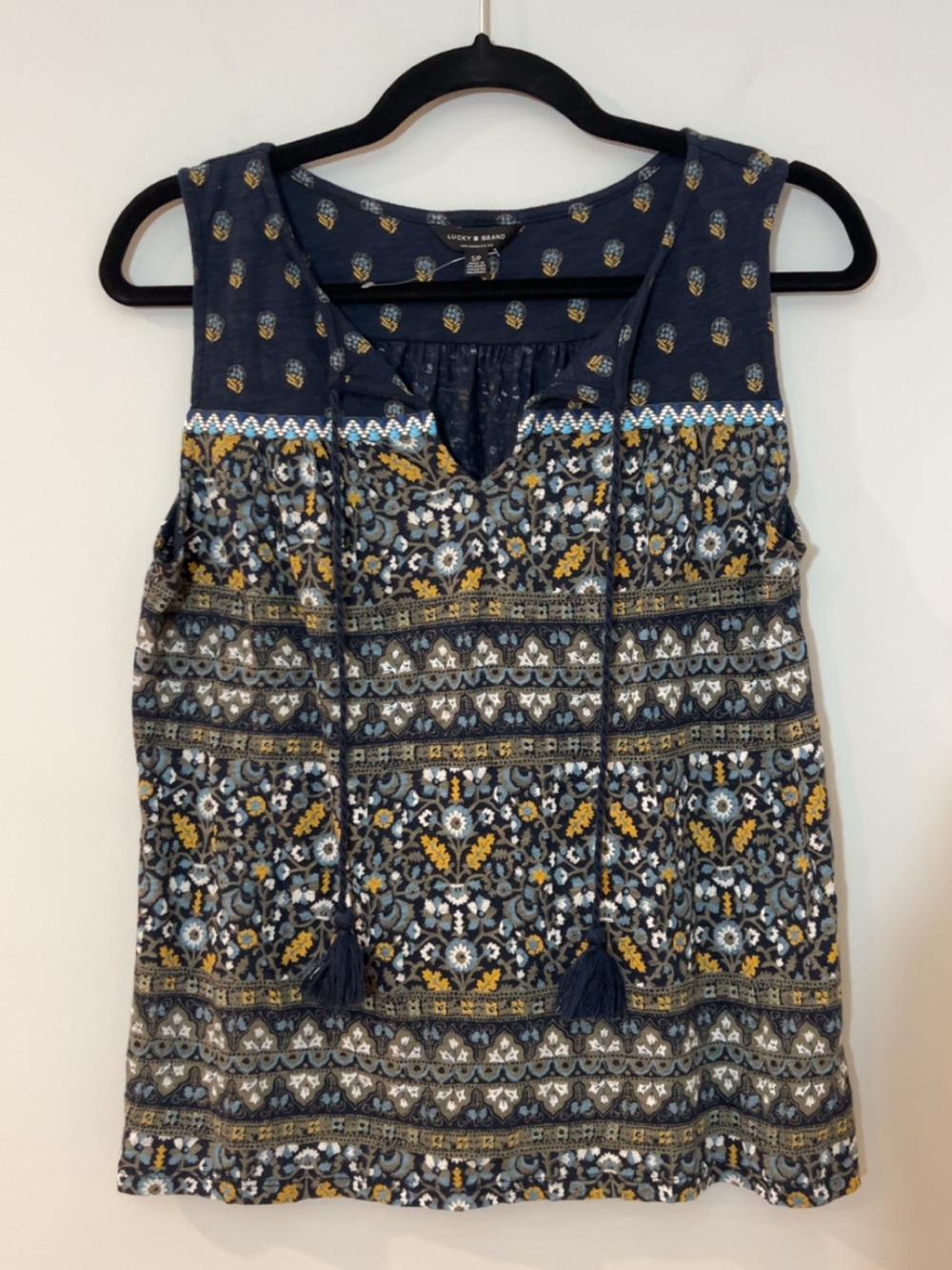 Lucky Brand Navy Floral Tassel Camisole with Mustard Accents